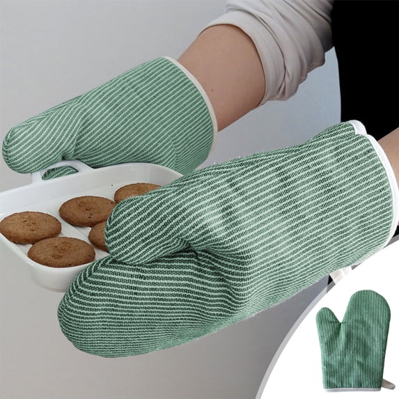 Xecvkr Striped Heat Resistant Oven Mitts Baking Gloves Thermal Insulation Microwave Kitchen Protective Wear Household 1 Piece Green