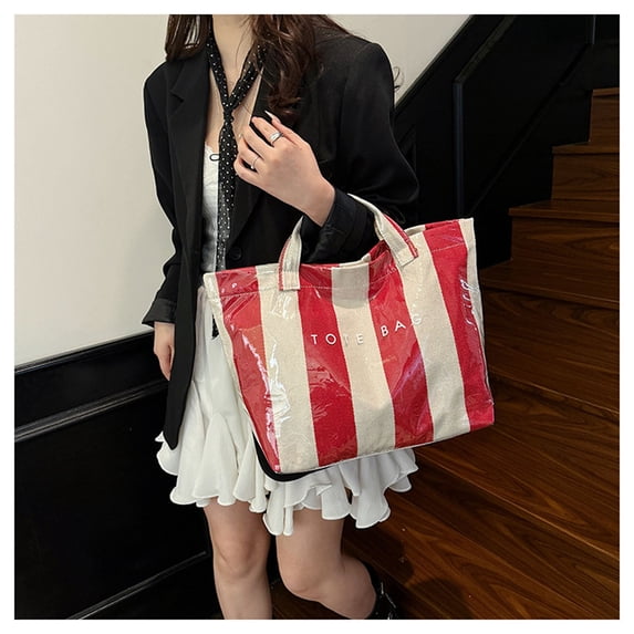 Xecvkr Striped PVC Tote Bag Letters Print Waterproof Large Capacity Lightweight Shoulder Handbag for Women Shopping Gift Travel Easy Clean 1 Pack Red