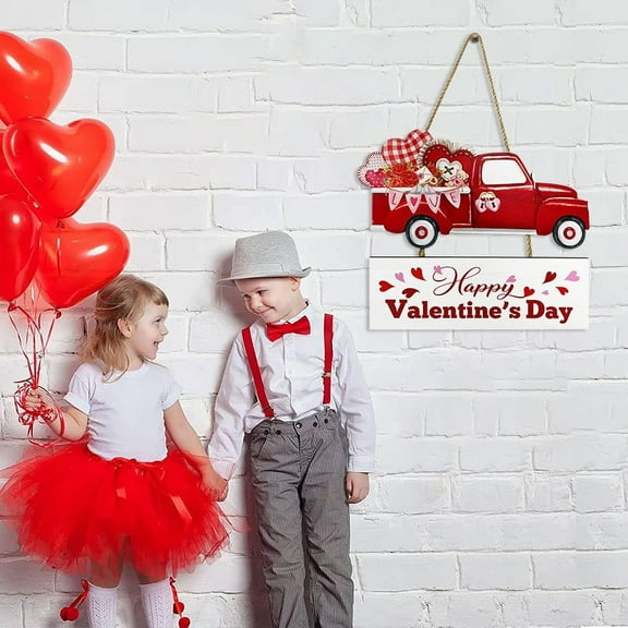 Xecvkr Valentines Day Red Pickup Truck Wooden Heart Hanging Sign Entry Door Pendant Art Wall Rustic Decorative Durable Paint Quality Indoor Home Gift 1pc