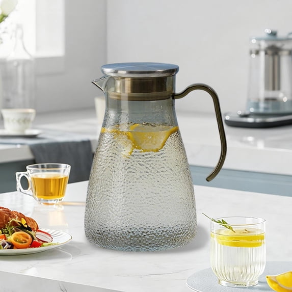 Xecvkr Water Pitcher for Fridge Hammered Pattern Plastic Cold Water Pitcher Stainless Steel Lid Durable Beverage Pot Juice Holder Flower Tea Kettle Ergonomic Handle Leakproof Home Party Yellow