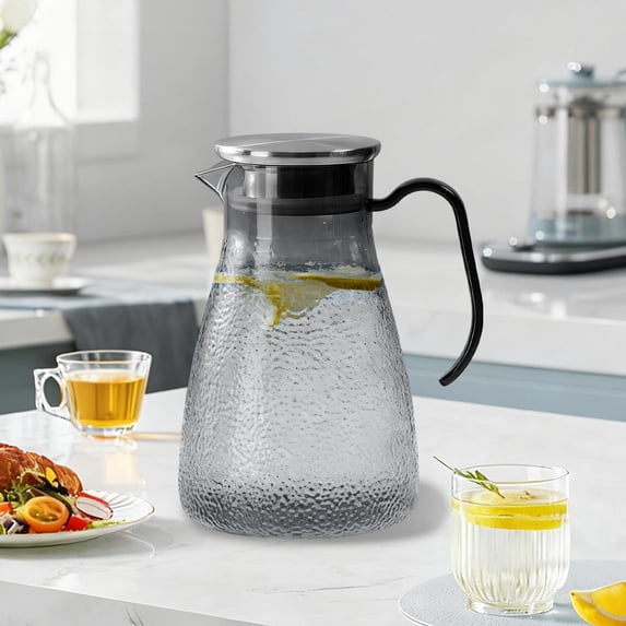Xecvkr Water Pitcher for Fridge Hammered Pattern Plastic Cold Water Pitcher Stainless Steel Lid Durable Beverage Pot Juice Holder Flower Tea Kettle Ergonomic Handle Leakproof Home Party Gray