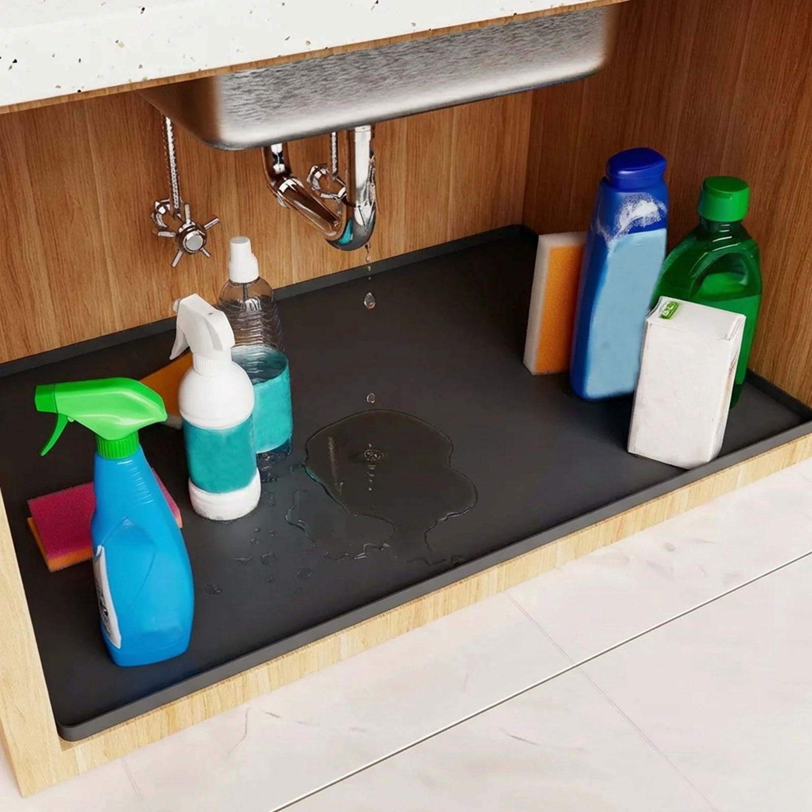 Xecvkr Waterproof Under Sink Mat Large Drip Tray Nonslip Easy Clean Silica Gel Liner Kitchen Bathroom Cabinet Protective 1 Pack Black