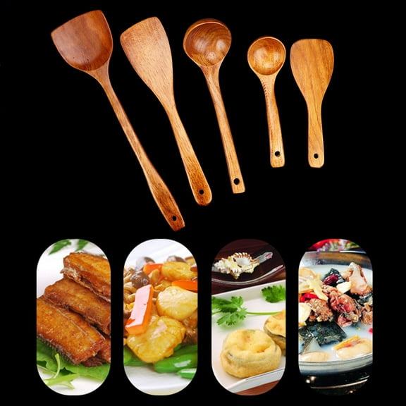 Xecvkr Wooden Kitchen Utensil Set 5 Piece Cooking Tool Spoon Spatula Soup Rice Frying Heat Resistant Eco Friendly Easy Clean Organizer Coffee
