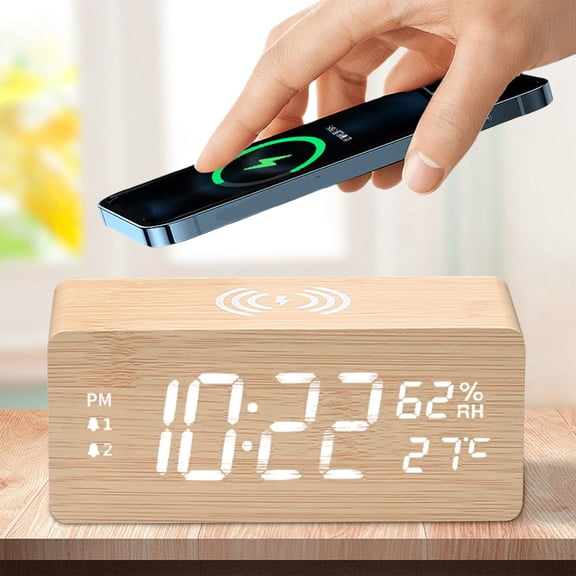 Xecvkr Wooden Wireless Charging Clock 15W LED Night Light Temperature Humidity Display Multifunction Smart Silent Alarm Desktop 5.74x2.44x2.67in 1 Piece