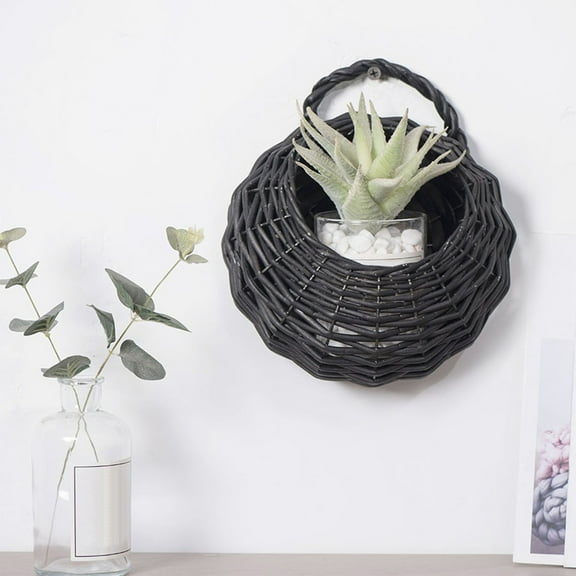 Xecvkr Wooden Woven Wall Mounted Flower Basket Natural Willow Rustic Iron Frame Multi-Functional Storage Home Room Garden Decor 1 Piece Black Free Size