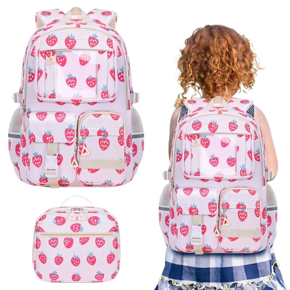 Xeede Strawberry Shortcake Backpack, Pink Strawberry Backpack, Fruit Patterned Backpack, Laptop Backpack, Travel Daypack, Cute and Fashionable Backpack, Multi-Pocket Bookbag