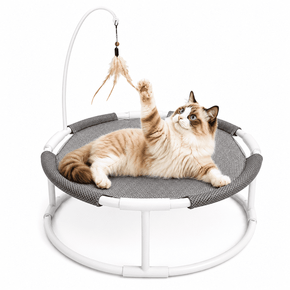 Xekoro Elevated Cat Hammock Bed,Round Raised Cat Swing Bed with Anti-Slip Block,Tool-Free Assembly Pet Chair for Pets up to 33 lb, Washable Kitten Kitty Rest Bed with Fun