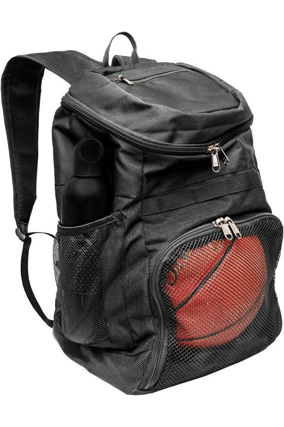 Basketball Backpack with Ball Compartment – Sports Equipment Bag for Soccer Ball, Volleyball, Gym, Outdoor, Travel, School, Team – 2 Bottle Pockets, Includes Laundry or Shoe Bag – 25L (Black)