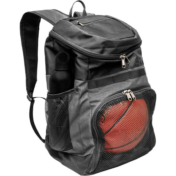 XELFLY Basketball Backpack with Ball Compartment – Sports Equipment Bag for Soccer Ball, Volleyball, Gym, Outdoor, Travel, School, Team – 2 Bottle Pockets, Includes Laundry or Shoe Bag – 25L (Gray)