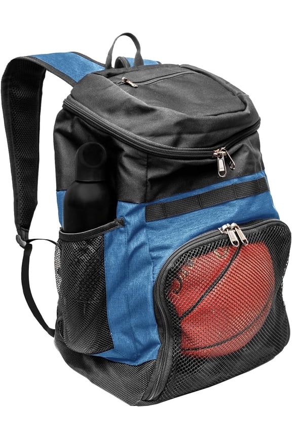 Basketball Backpack with Ball Compartment – Sports Equipment Bag for Soccer Ball, Volleyball, Gym, Outdoor, Travel, School, Team – 2 Bottle Pockets, Includes Laundry or Shoe Bag – 25L (Blue)