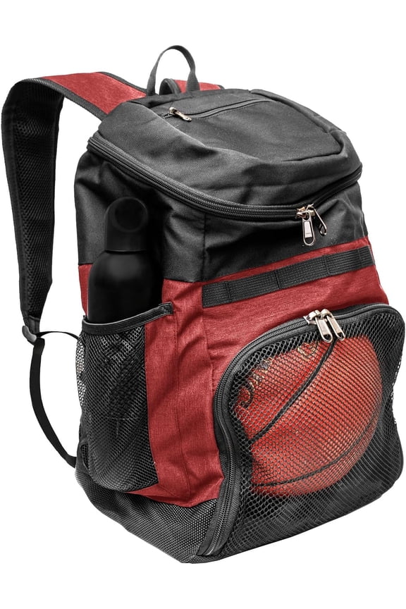 Basketball Backpack with Ball Compartment – Sports Equipment Bag for Soccer Ball, Volleyball, Gym, Outdoor, Travel, School, Team – 2 Bottle Pockets, Includes Laundry or Shoe Bag – 25L (Red)