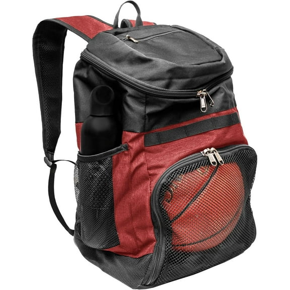 XELFLY Basketball Backpack with Ball Compartment – Sports Equipment Bag for Soccer Ball, Volleyball, Gym, Outdoor, Travel, School, Team – 2 Bottle Pockets, Includes Laundry or Shoe Bag – 25L (Red)