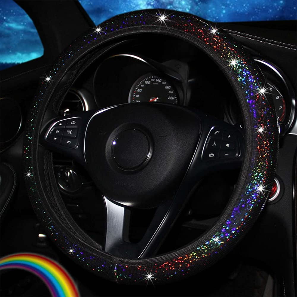 Steering Wheel Cover Teen, Car Things for Women, Universal 15 Inches  Rhinestone Wheel Cover for Women, Fits Most Cars/SUV/Trucks/Minivans,Black