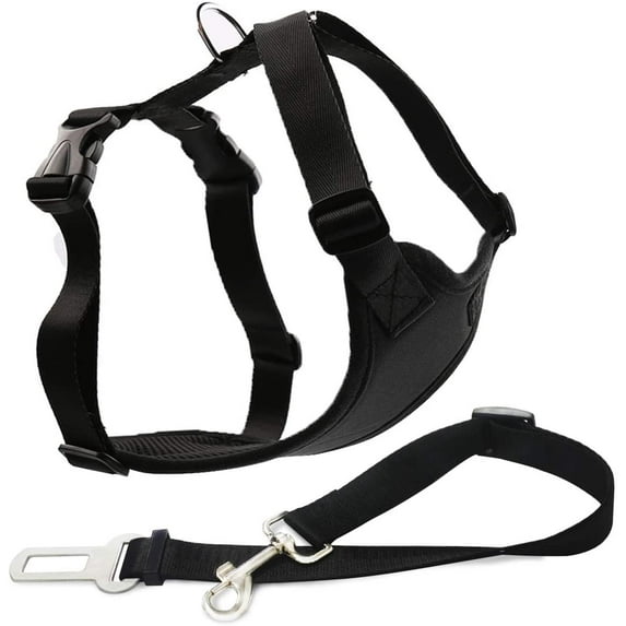 Xelparuc Dog Safety Vest Harness with Safety Belt for Most Car, Travel Strap Vest with Car Seat Belt Lead Adjustable Lightweight and Comfortable Black for Small Medium Large Dogs