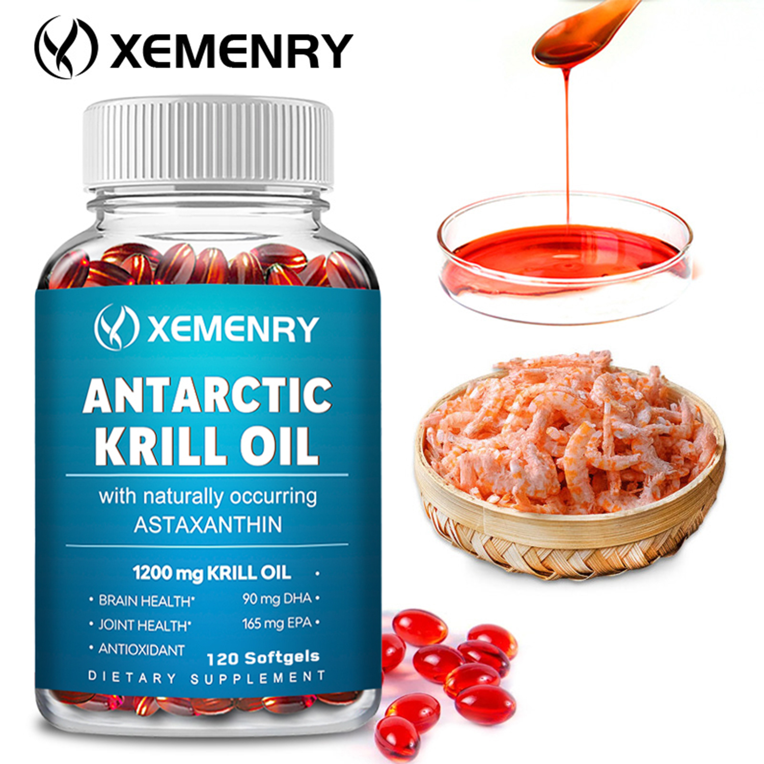 Xemenry Antarctic Krill Oil Omega3, DHA, EPA, Astaxanthin Brain