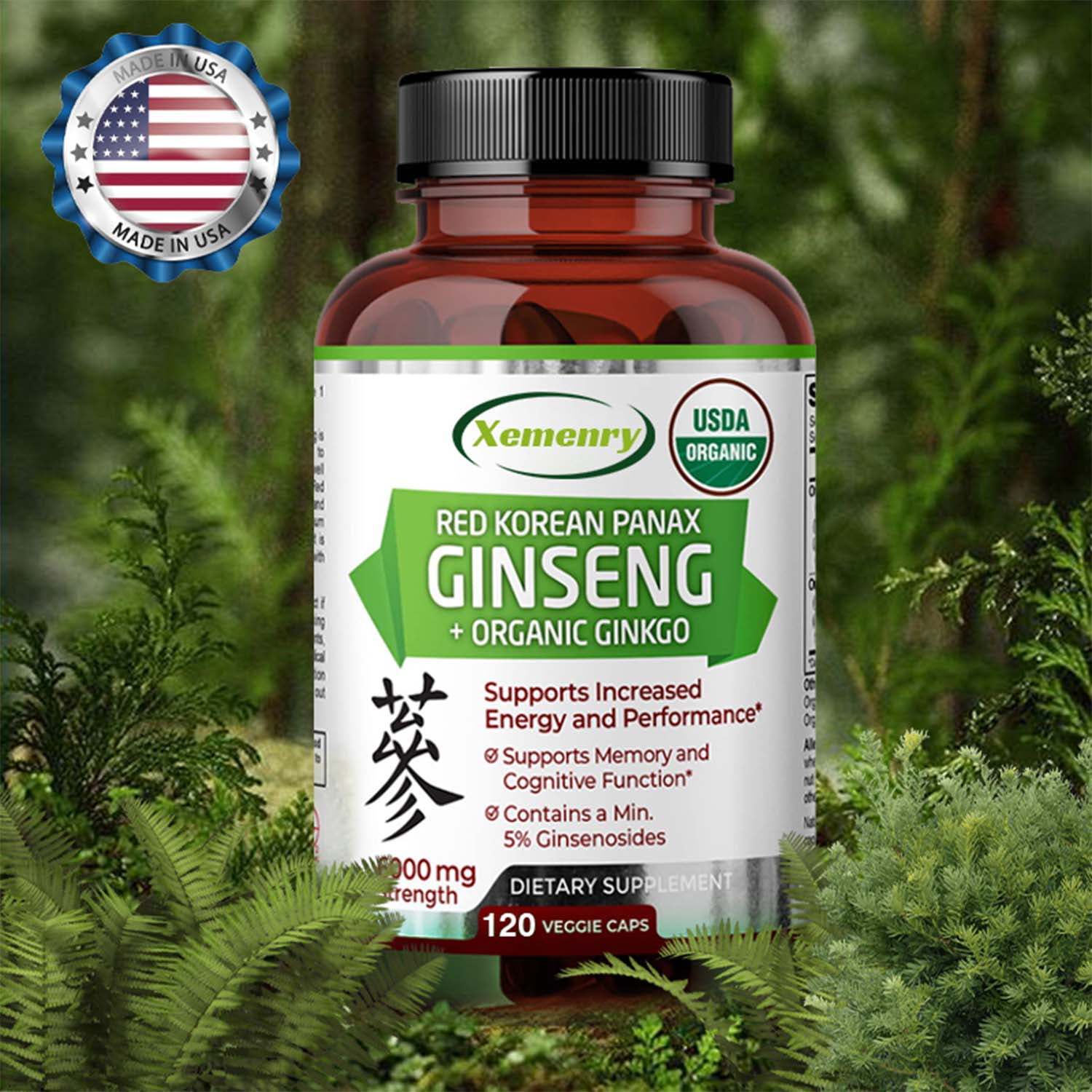 Xemenry Red Korean Panax Ginseng + Organic Ginkgo Testosterone