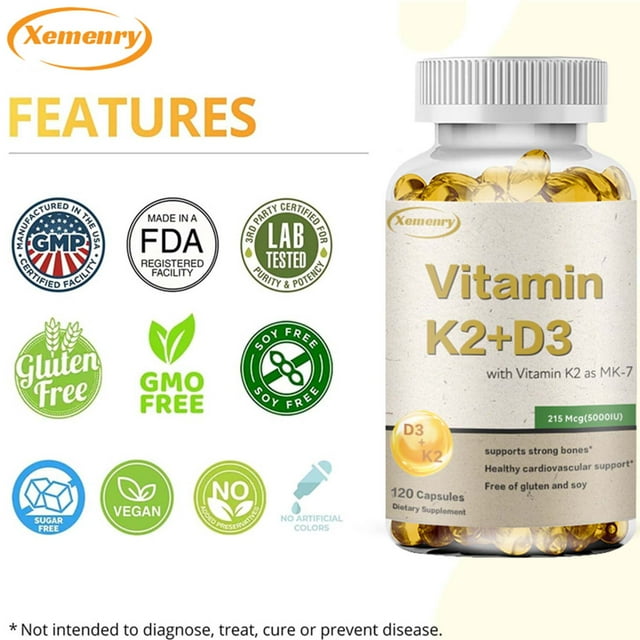 Xemenry Vitamin K2+D3 Capsules 5000IU Heart, Bone, and Tooth Health