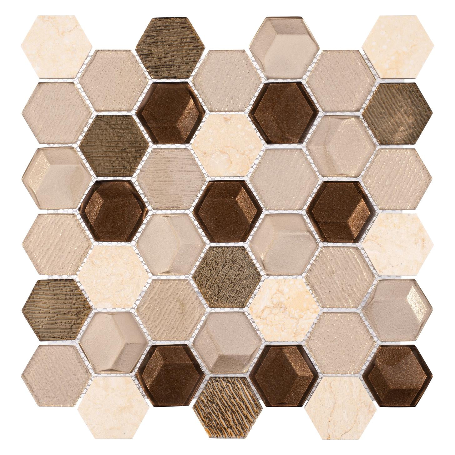 Beez Hexagon Glass and Stone Mosaic Tile Sheet