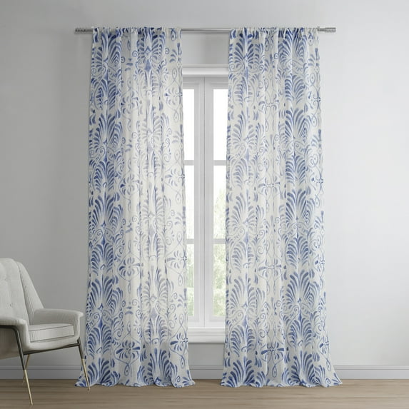 Xenia Blue Printed Faux Linen Sheer Curtain (1 Panel), Xenia Blue, 50W X 108L
