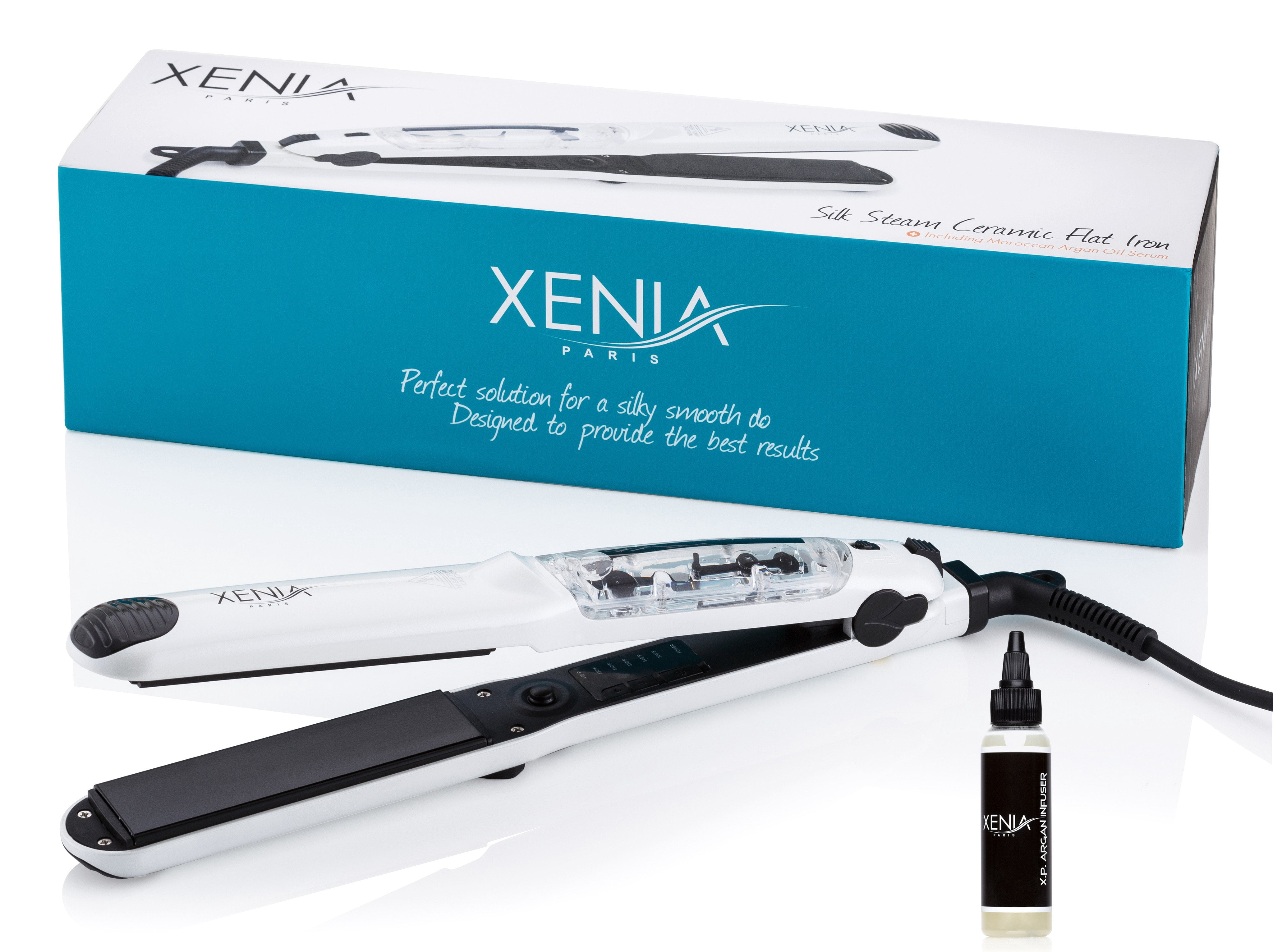 Xenia Paris 1.25" Ceramic Steamer Flat Iron with Argan Infuser-White