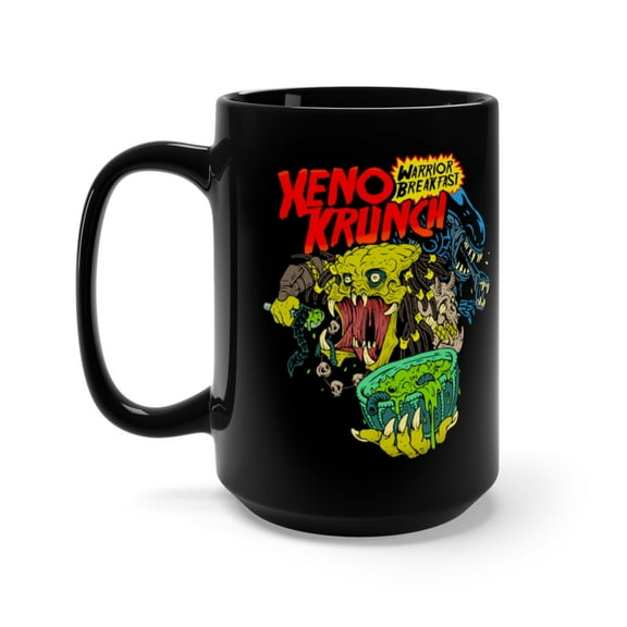 Xeno Krunch Cereal Xenomorph Predator Alien Mashup Coffee Mug, 15oz, Black
