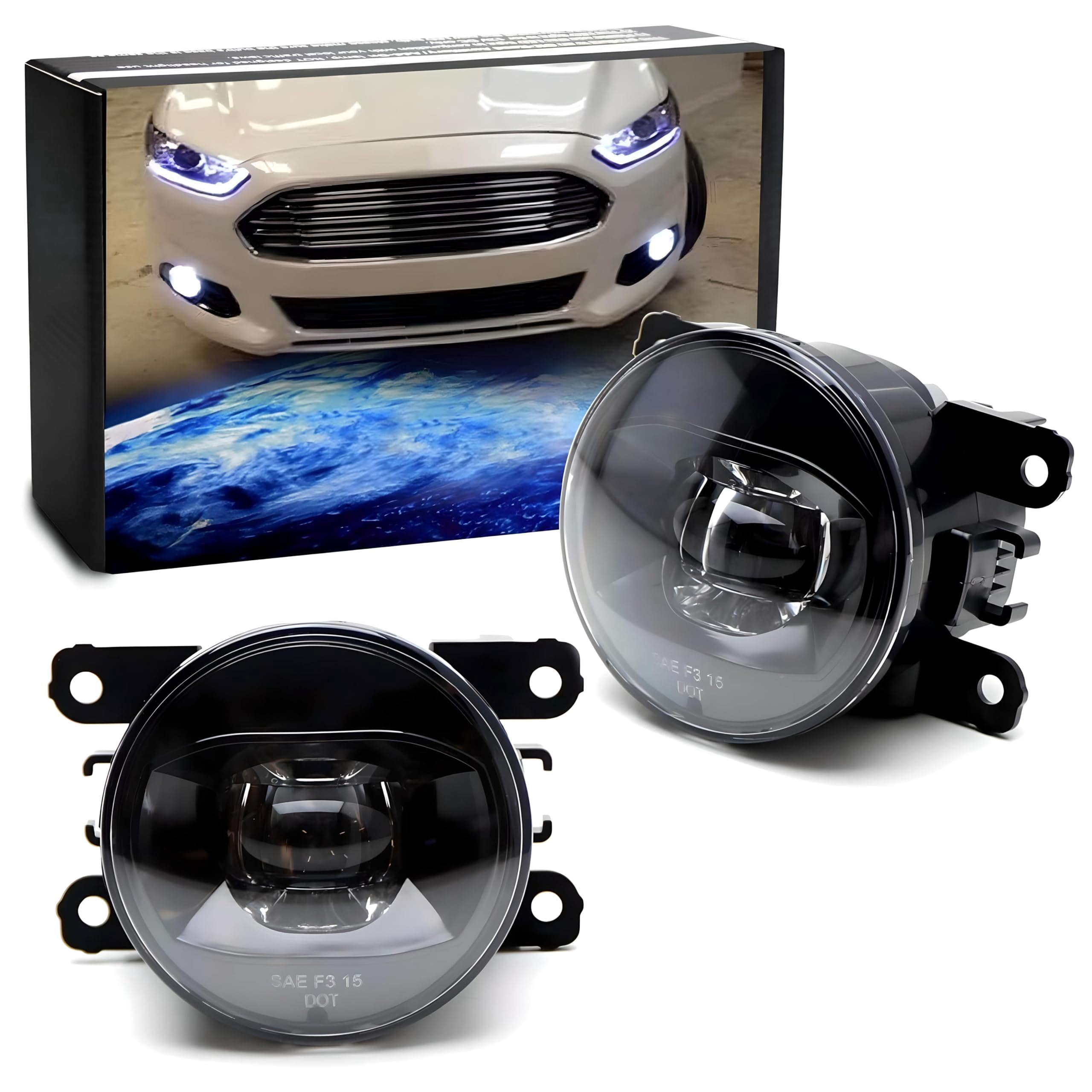 Xenon White LED Fog Lights For Ford C-Max Explorer Fiesta Fusion Mustang Taurus Nissan Sentra Subaru Legacy Outback w/LED Halo Rings, Each Lamp Powered by 6 Pieces 3W LED Bulbs