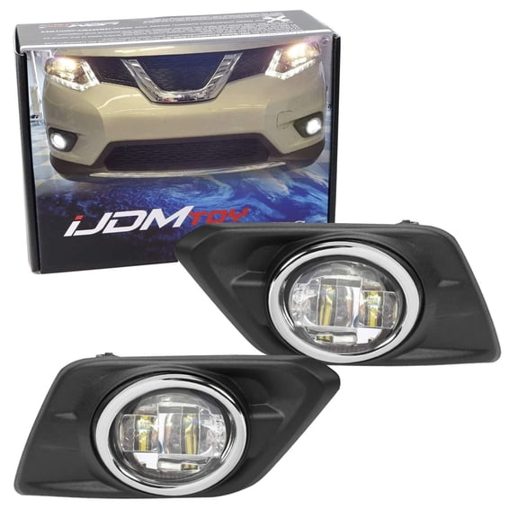 Xenon White Projector LED Fog Light Kit For 2014-2016 Nissan Rogue (X-Trail), Includes LH RH 15W XB-E LED Fog Lamps, Garnish Bezel Covers & Relay Wiring On/Off Switch