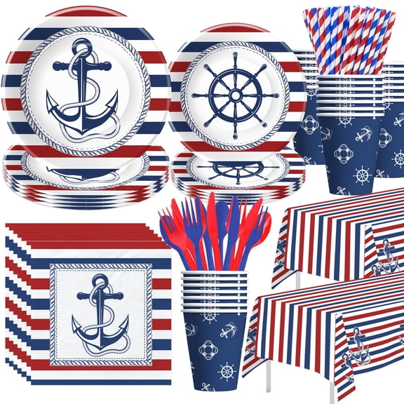 Xenorik Nautical Decorations Tableware - Nautical Anchor Birthday Supplies, Plate, Cup, Napkin, Tablecloth, Cutlery, Naby Blue And Red Sailor Boat Theme Baby Shower Decorations | Serve 24 Y102