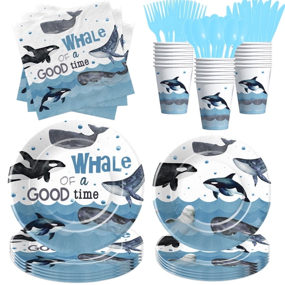 Xenorik Whale Party Decorations Tableware for Birthday Baby Shower - Under The Sea Theme Ocean Whale Birthday Party Supplies, Paper Plate, Napkin, Cup, Cutlery | Serves 24 Y114