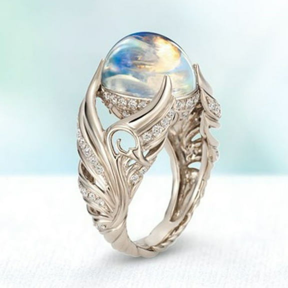Xeoereki Women Faux Moonstone Rhinestone Inlaid Wing Finger Ring Wedding Jewelry Gift