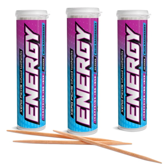 Xero Picks Energy Caffeine Flavored Toothpicks B12 for Focus & B6 (Blue Raspberry, Pack of 3) Sugar-Free Alternative to Energy Mints & Gum - Kosher