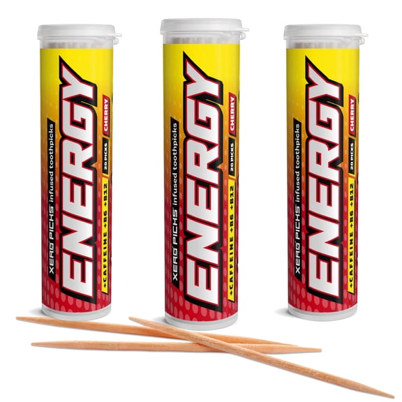 Xero Picks Energy Caffeine Flavored Toothpicks B12 for Focus & B6 (Cherry Pack of 3) Sugar-Free Alternative to Energy Mints & Gum - Kosher