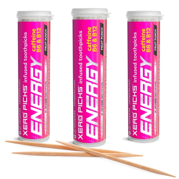 Xero Picks Energy - Fruit Punch - Infused Flavored Toothpicks with Caffiene, B6 and B12 for Energy - 60 Picks - 3 Pack
