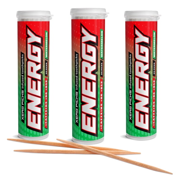 Xero Picks Energy Caffeine Flavored Toothpicks B12 for Focus & B6 (Watermelon, Pack of 3) Sugar-Free Alternative to Energy Mints & Gum - Kosher