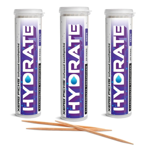 Xero Picks Hydrate - Electrolyte Flavored Toothpicks -60 Picks-Variety 3 Pack - Grape - Sodium, Potasium, Magnesium, Calcium