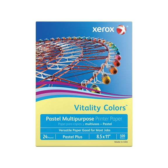 Xerox Vitality Colors Pastel Plus Color Multi-Use Printer & Copy Paper, 1 Ream, Yellow, Letter (8.5" x 11"), 500 Sheets Per Ream, 24 Lb, 30% Recycled