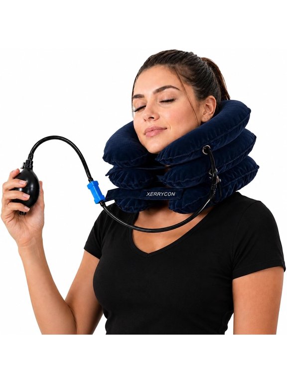 Inflatable Neck Stretcher for Neck Pain Relief, Cervical Traction Device with Hand Pump, 3-Layer Adjustable Neck Decompression Collar for Pinched Nerve, Stiff Neck & Tech Neck Support
