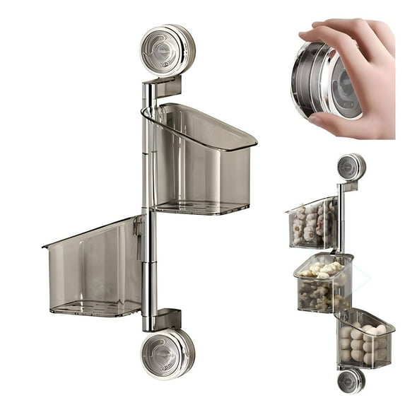 Xetio Suction Cup Rotating Organizer, 2 Tier Kitchen Storage Basket, Wall Mounted Bins Organizer, Moveable Shelf, No-Drill Storage Container Removable Shower Caddy