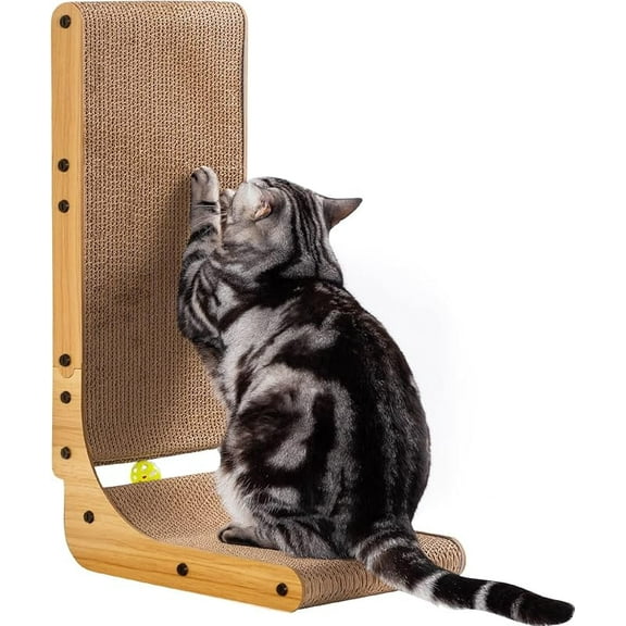 Xeut L Shape Cat Scratcher, 26.8 Inch Cat Scratchers for Indoor Cats, Protecting Furniture Cat Scratch Pad, Cardboard Cat Scratching with Ball Toy, Catnip, Large