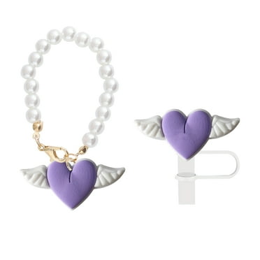 Xeyise 1 Set Tumbler Straw Cover Faux Pearl Chain Love Heart Wing Charm Water Cup Mug Handle Decoration Straw Tip Plug Topper Protector Tumbler Accessories
