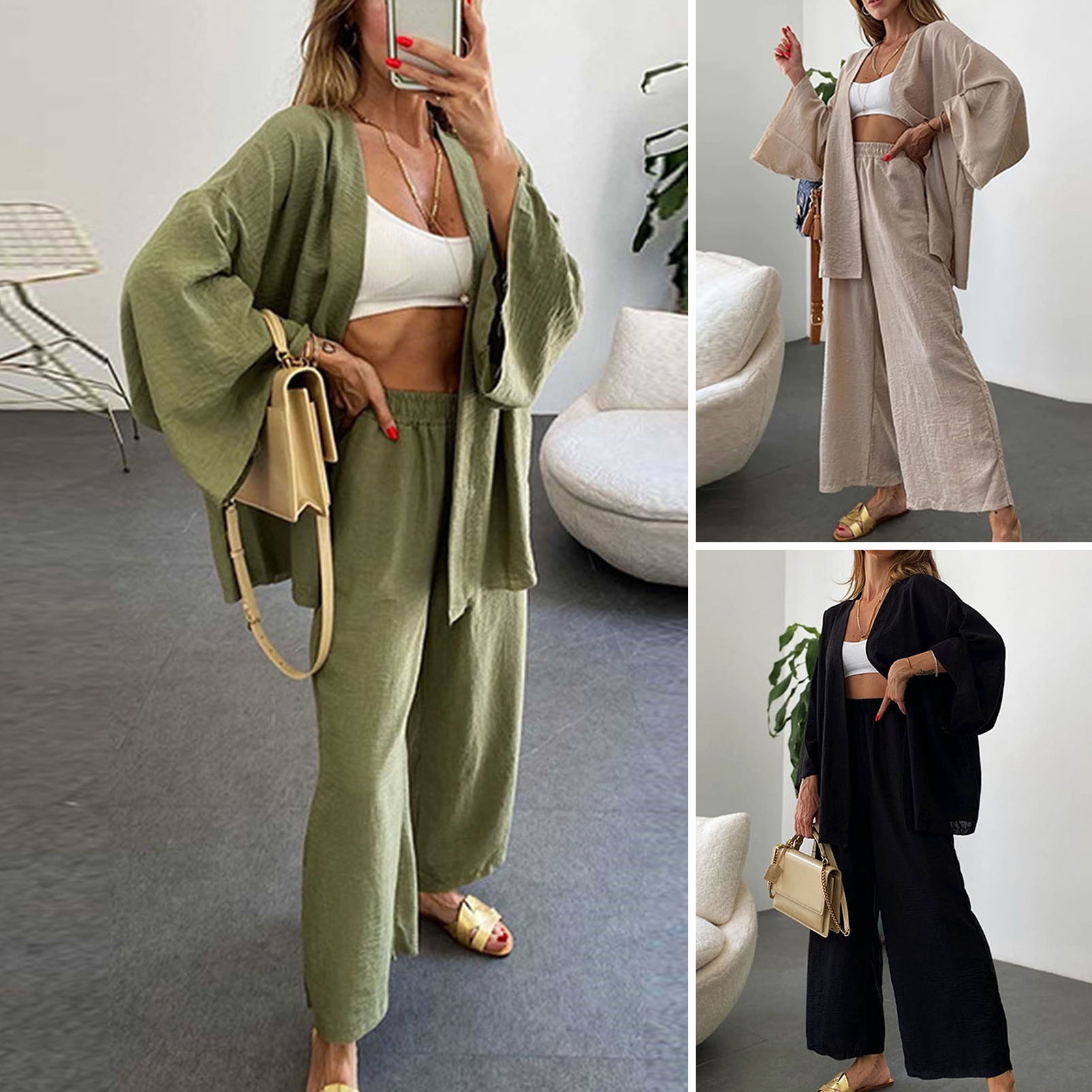 Xeyise 2 Pcs/Set Women Shirt Pants Set Loose Mid Length Long Sleeve