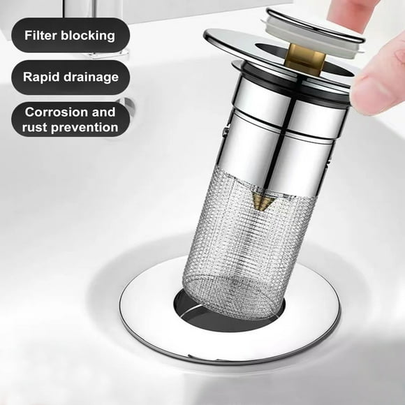 Xeyise Pop-Up Bathroom Sink Stopper with Anti-Clogging Basket Universal Drain Strainer for 1.1-1.45 in U.S. Standard Drain Holes Easy Install Leaking Plug Clean Hair Catcher
