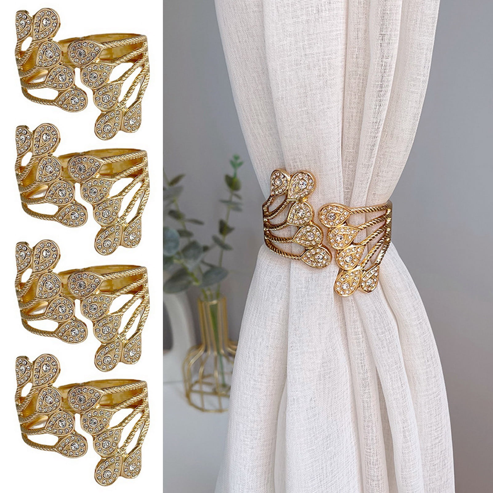 Xeyise Punch-Free Metal Curtain Tieback Golden Peacock Fake Feathers ...