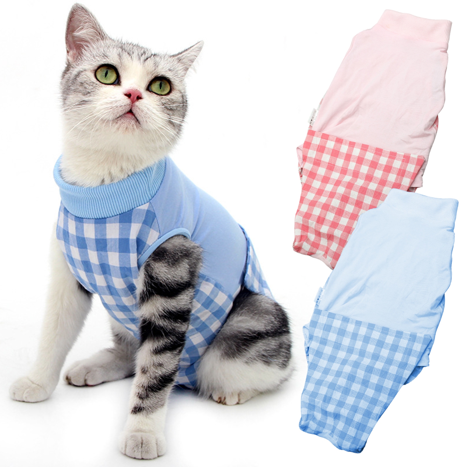 Xeyise Recovery Suit Breathable Lickproof Surgery Recovery Plaid Cats