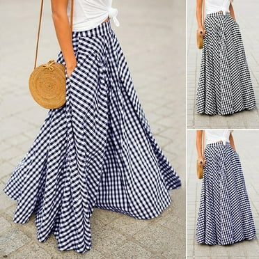 Xeyise Women Maxi Skirt Elastic High Waist Plaid Print A-Line Skirt with Pockets Large Hem Retro Skirt Streetwear