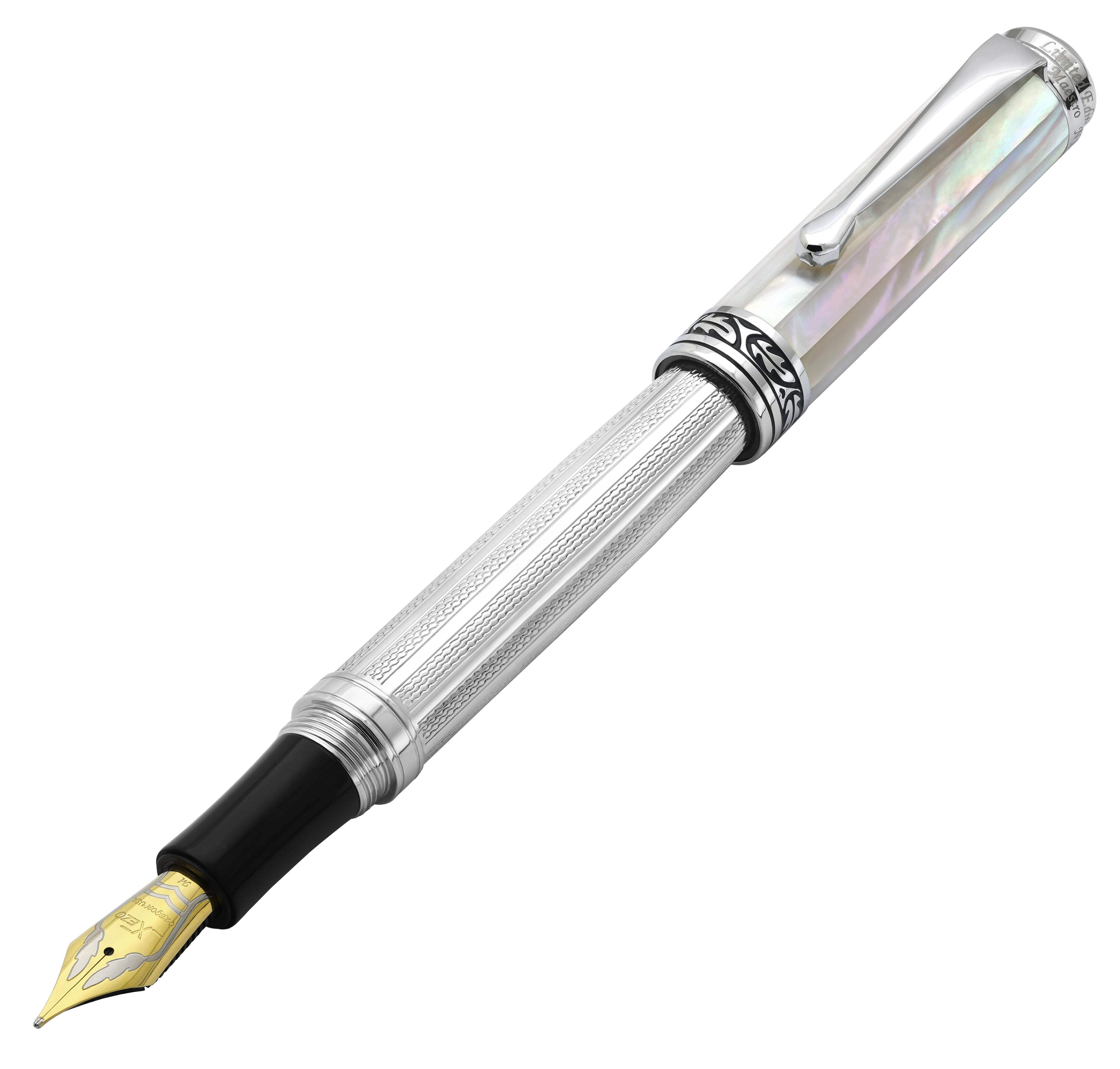 Xezo Xezo Maestro® 925 Sterling Silver Fountain Pen (Medium-Fine 0.45 mm Nib) - Oceanic White Mother of Pearl Cap, Chrome Plated