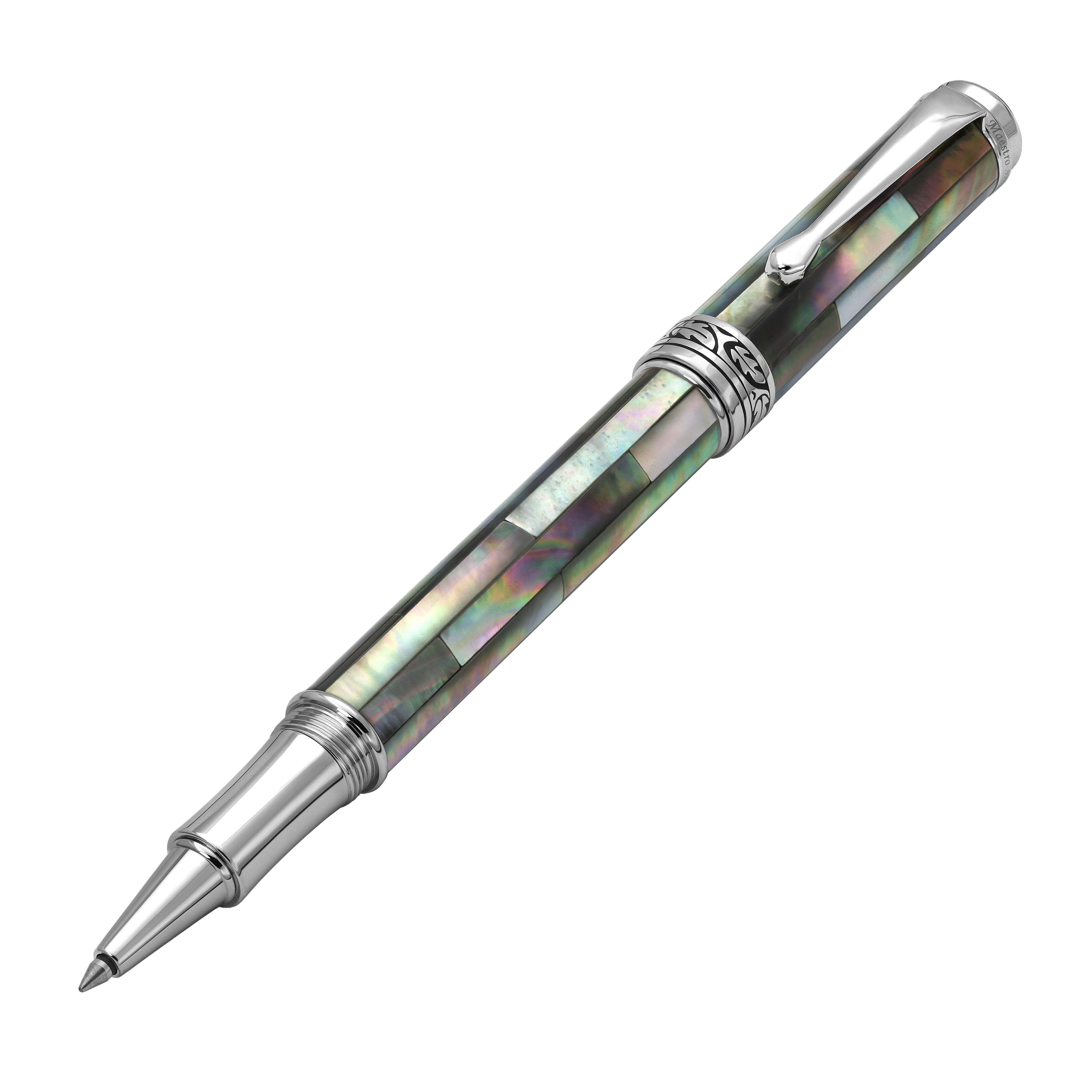 Penna Roller Xezo Maestro Executive A Punta Fine. Realizzata A Mano Con Inserto In Madreperla Nera Placcata In Platino Edizione Limitata Serialize~p113934877