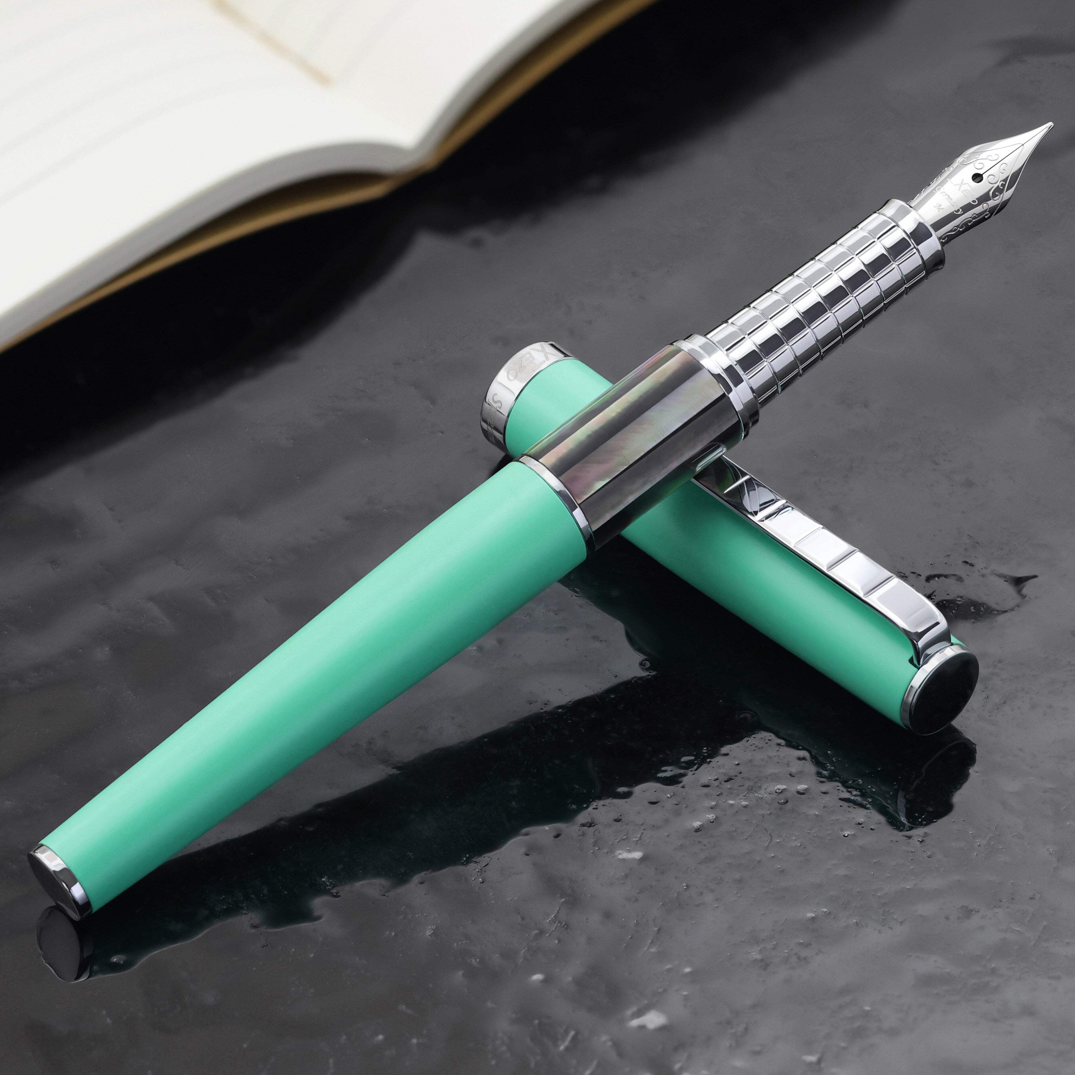 Xezo Speedmaster® Aqua Green Brass Fountain Pen (Medium Nib) - With Tahitian Black Mother of Pearl