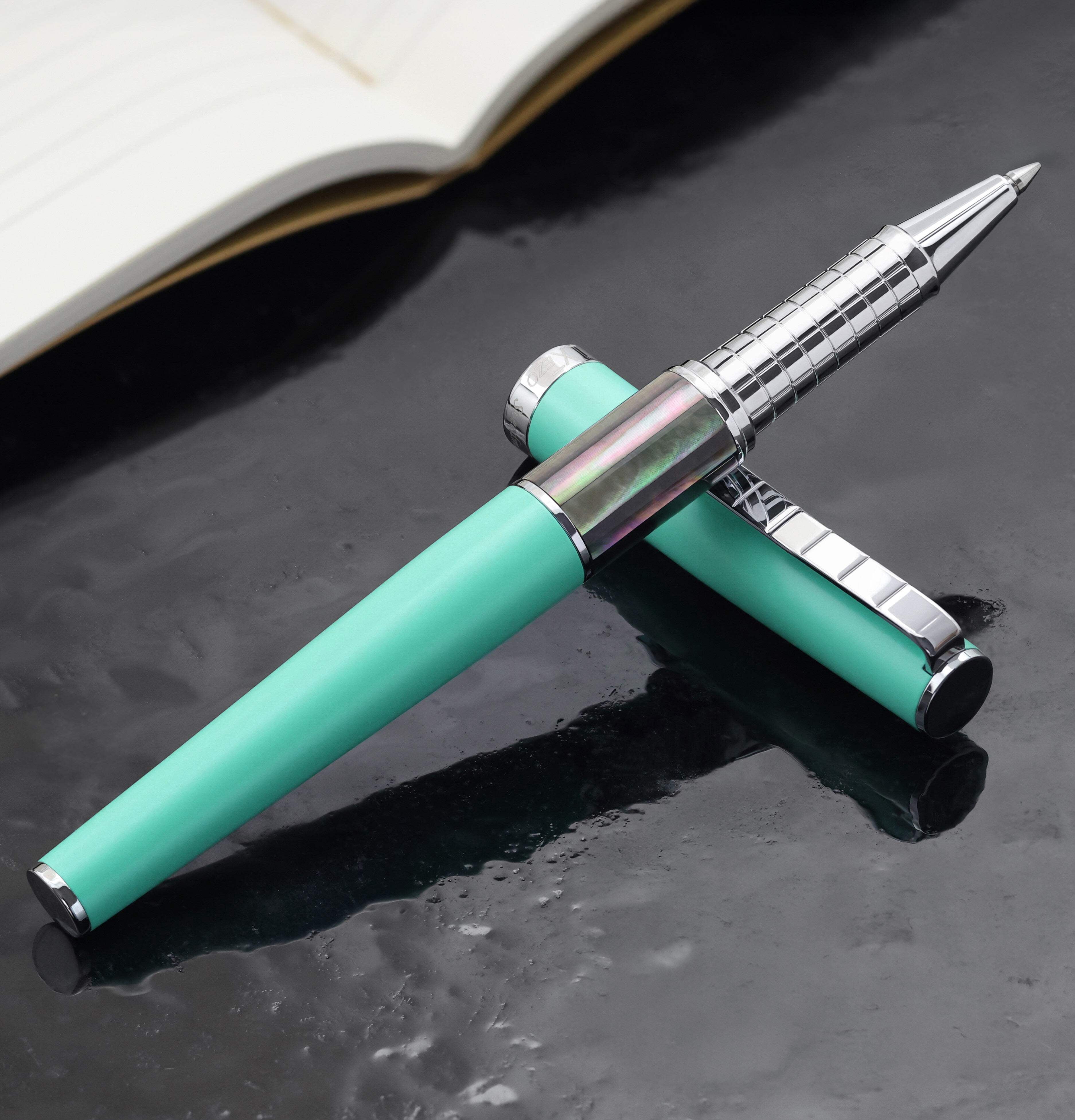Xezo Speedmaster® Aqua Green Brass Rollerball Pen - With Tahitian Black Mother of Pearl