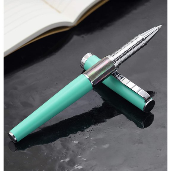 Xezo Speedmaster Aqua Green Brass Rollerball Pen - With Tahitian Black Mother of Pearl